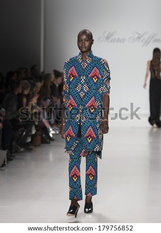 NEW YORK, NY - FEBRUARY 08, 2014: Model walks runway for Mara Hoffman collection inspired by Nothern Africa at New York Fall/Winter 2014 Fashion week at Lincoln Center