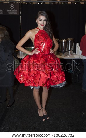 NEW YORK, NY - FEBRUARY 06, 2014: Model wearing Subway sandwich promotion dress backstage for The Heart Truth\'s Red Dress Collection at Mercedes-Benz Fall/Winter 2014 Fashion Week at Lincoln Center