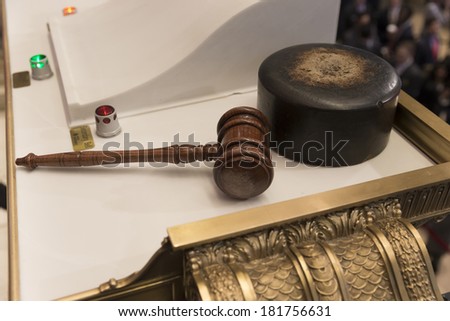 NEW YORK, NY - FEBRUARY 14, 2014: View of the hammer to ring opening bell of New York Stock Exchange on the NYSE balcony