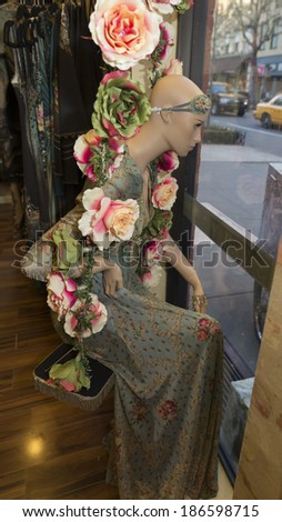 NEW YORK, NY - APRIL 10, 2014: Dress designed by Michal Negrin on display at SOHO store opening for Michal Negrin