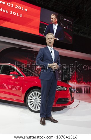 New York, NY - APRIL 16, 2014: President of Audi of America Scott Keogh speaks at unveiling edition 2015 car at New York International Auto Show