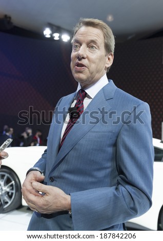 New York, NY - APRIL 16, 2014: Ford Motor Company Executive Chairman Bill Ford speaks at New York Auto Show celebrating Ford Mustang 50th Anniversary 2015 Mustang GT 5.0  Limited Edition is on display