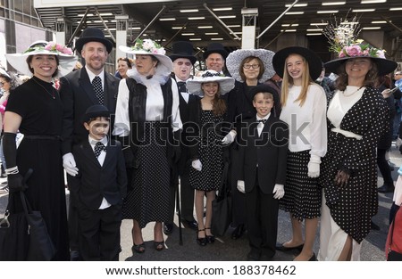 New York, USA - April 20, 2014: Unidentified people partake and show off their hats at the Easter Bonnet Parade on 5th Avenue