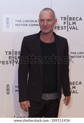 NEW YORK, NY - APRIL 24, 2014: Sting attends \'Third Person\' screening during the 2014 Tribeca Film Festival at BMCC