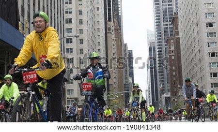 New York, NY - May 04, 2014: Unidentified people ride bicycles during TD Five Boro Bike Tour on streets of New York