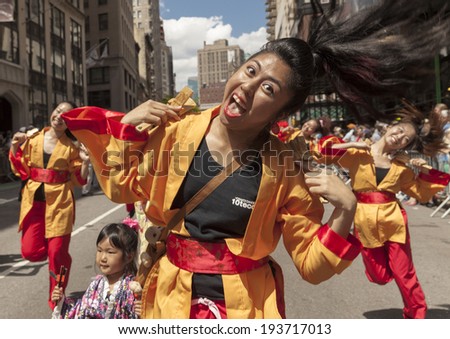 New York, NY USA - May 17, 2014: Yosakai Dance Project 10tecomai performs on 8th annual dance parade on Broadway