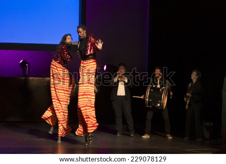 New York, NY - October 20, 2014: Circus Amok members perform on stage at the 2014 Bessies Awards at The Apollo Theater