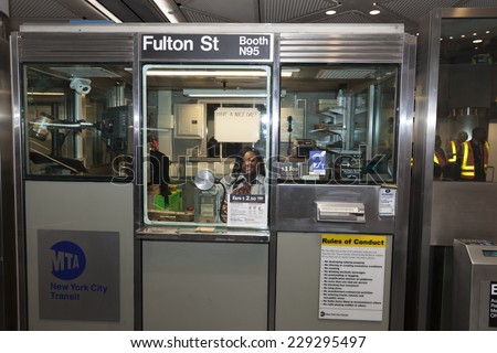 New York, NY - November 9, 2014: Design of metrocard booth at Fulton Center unveiled by Metropolitan Transit Authority during opening ceremony on Broadway in Manhattan