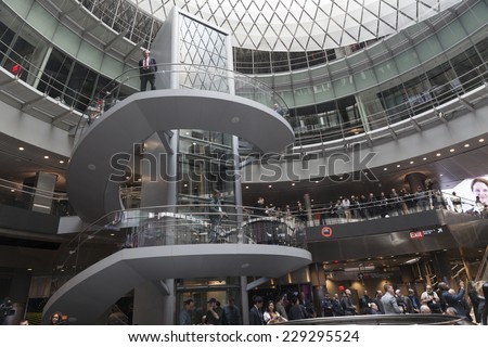New York, NY - November 9, 2014: Atmosphere during opening ceremony of Fulton Center unveiled by Metropolitan Transit Authority during opening ceremony on Broadway in Manhattan