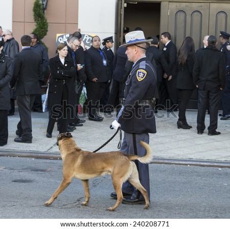 NEW YORK, NY - DECEMBER 27, 2014: Dog from police canine unit outside of Christ Tabernacle Church for the funeral of slain New York City Police Officer Rafael Ramos