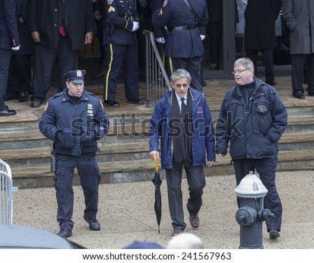 Brooklyn, NY - January 04, 2015: FOX News anchor Geraldo Rivera escorted from ceremony at Aievoli Funeral Home for the funeral of slain New York City Police Officer Wenjian Liu