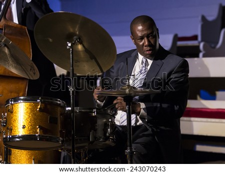 New York, NY - January 08, 2015: Kenny Washington plays as part of Bill Charlap trio at Jazz Legends for Disability Pride concert at Quaker Friends Meeting House in Manhattan