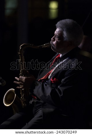 New York, NY - January 08, 2015: George Coleman plays as part of George Coleman quartet at Jazz Legends for Disability Pride concert at Quaker Friends Meeting House in Manhattan
