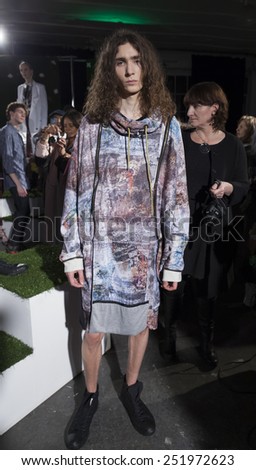 NEW YORK, NY - FEBRUARY 10, 2015: Model shows off dress by designer Mariana Morell at Epson Digital Couture Presentation at Fall 2015 Mercedes-Benz Fashion Week at Industria Super Studio