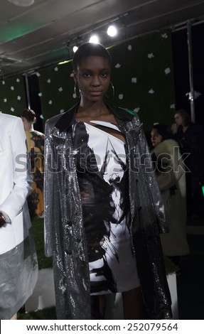 NEW YORK, NY - FEBRUARY 10, 2015: Model shows off dress by designer Moah Saldana at Epson Digital Couture Presentation at Fall 2015 Mercedes-Benz Fashion Week at Industria Super Studio