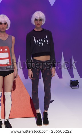 New York, NY - February 14, 2015: Model shows off dress for PRMITV WORLD presentation at Fall 2015 Fashion Week at Pier 59 Studio