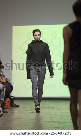 New York, NY - February 17, 2015: Model walks runway for Christina Ruales ready to wear collection during Fall 2015 Fashion Week in Stollway NYC