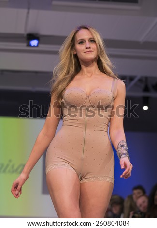 New York, NY - February 23, 2015: Model walks runway at Lingerie Fashion Night for Leonisa brands design as part of Curvexpo New York in Studio 05