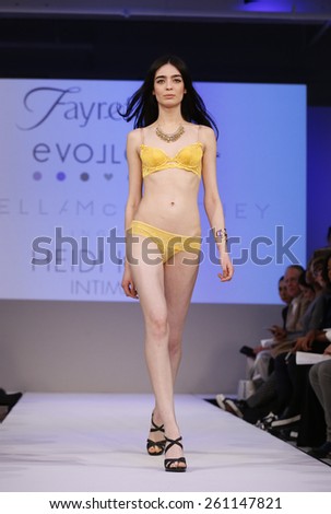 New York, NY - February 23, 2015: Model walks runway at Lingerie Fashion Night for Bendon brands design as part of Curvexpo New York in Studio 05