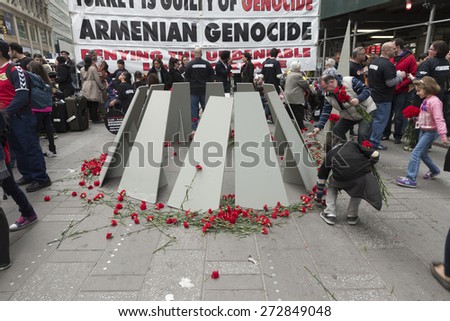 New York, NY - April 26, 2015: Makeshift memorial built for rally in Manhattan Times Square to mark centennial of the deaths of 1.5 million Armenians under the Ottoman Empire in 1915