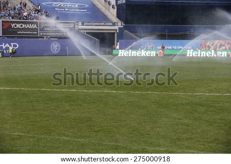 New York, NY - May 3, 2015: Field prepared before MLS game between New York Football Club and Seattle Sounders FC at Yankee Stadium