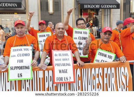 NEW YORK, NY - MAY 31, 2015: Members of LiUNA union protesting against mayor Bill de Blasio policy at Celebrate Israel Parade on 5th avenue in Manhattan