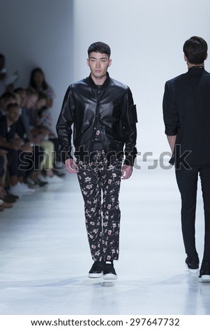 New York, NY USA - July 14, 2015: Model walks runway for Ovadia & SOns show during Mens fashion week S/S 2016 at Skylight Clarkson Square
