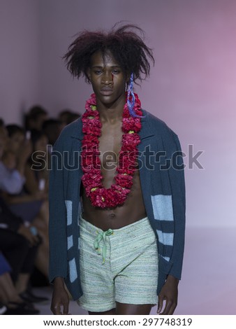 New York, NY USA - July 14, 2015: Model walks runway for Thaddeus O\'Neil show during Mens fashion week S/S 2016 at Skylight Clarkson Square