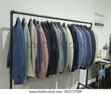 New York, NY - July 20, 2015: Mens suits on display at Strong Suit Made to Measure pop up store opening  in Meatpacking district