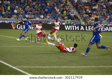 Harrison, NJ USA - July 22, 2015: Red Bulls players defend during game between New York Red Bills and Chelsea FC at Red Bulls arena