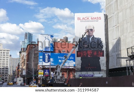 New York, NY USA - August 27, 2015: Making billboard for movie Black Mass on Lafayette street with crane