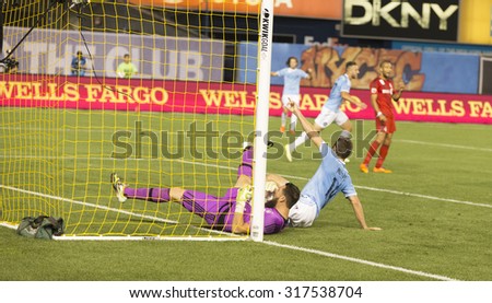 New York, NY - September 16, 2015: Team NYC FC scores 1st goal during game between New York City FC and Toronto FC at Yankee Stadium