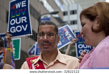 NEW YORK - JUNE 28: NY state governor David Paterson and NYC council speaker Christine Quinn attend pride parade on June 28 2009 in New York City.