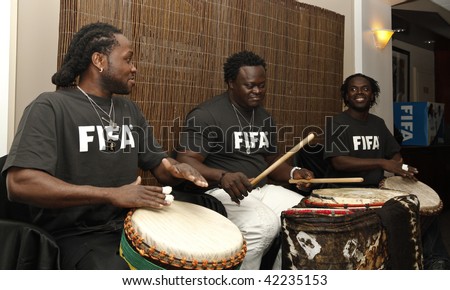 NEW YORK - DECEMBER 04: Drummers perform at the launch of the new FIFA collections brand of apparel and announcement of a draw of World Cup at South African Consulate on December 4, 2009 in New York.