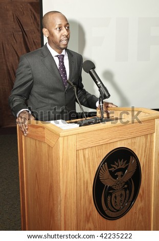 NEW YORK - DECEMBER 04: CEO of Total Apparel Group Janon Costley celebrates the launch of the new FIFA collections brand of apparel and announcement of a draw of World Cup on December 4, 2009 in NYC.
