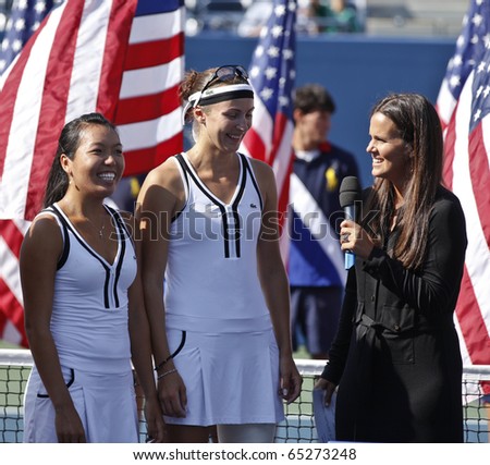 NEW YORK - SEPTEMBER 13: Trophy presentation women doubles champoins Yaroslava Shvedova of Kazakhstan and Vania King of USA of US Open Tennis Championship on September 13, 2010 in New York, City.