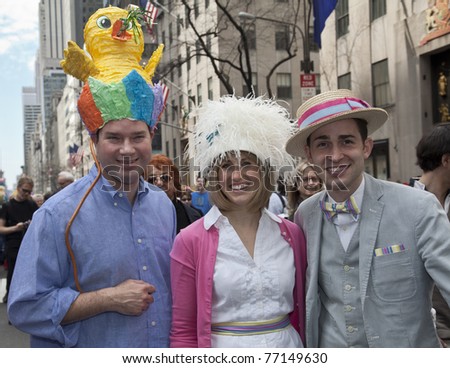 NEW YORK - APRIL 24: Unidentified group of people partake and show off their hats and costumes at the Easter Bonnet Parade on 5th Avenue on April 24, 2011 in New York City.
