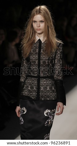 NEW YORK - FEBRUARY 09: Model walks runway for Honor collection by Giovanna Randall during Fashion week at Lincoln Center in Manhattan on February 09, 2012 in New York City