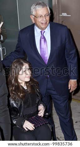 NEW YORK - APRIL 11: David Stern poses with unidentified girl in wheelchair at the 'Magic/Bird' Broadway opening night at the Longacre Theatre on April 11, 2012 in New York City.