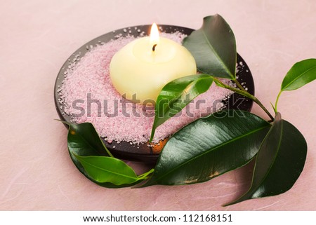 Candle,  green leaves,  sea salt, pink background.