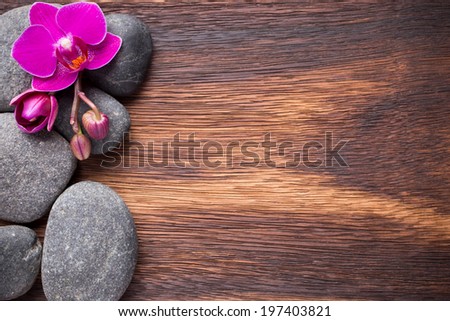 Orchid flower on wooden background with spa stones.
