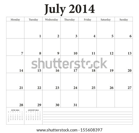 July 2014 -Planning Calendar. Weeks Start On Monday. Stock Vector ...