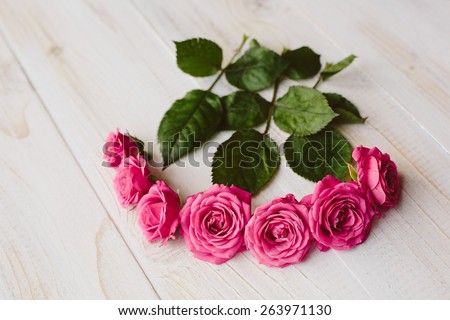 Pink roses with green leaves on wood background