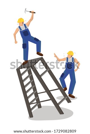Worker falling from ladder. Workplace accident or construction safety concept. Flat cartoon character vector isolated on a white background.