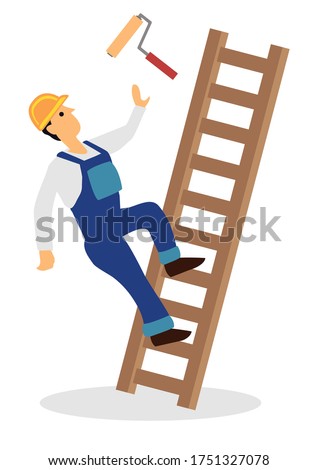 Worker falling from ladder. Workplace accident or construction safety concept. Flat cartoon character vector isolated on a white background.