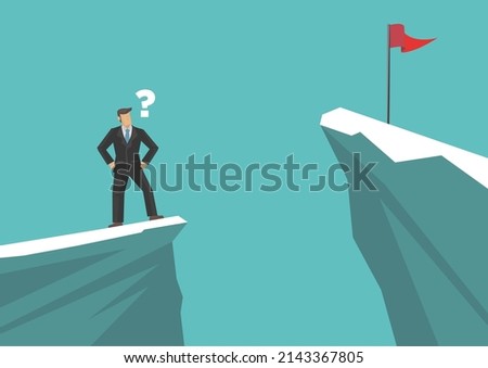 Man on a mountain peak looking at the red flag on another peak. The concept of reaching goals. Flat vector illustration.