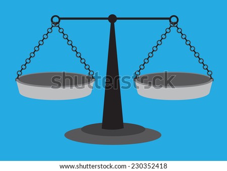 Old fashion weighing scale with equal arm beam and two suspended balancing pans isolated on blue plain background