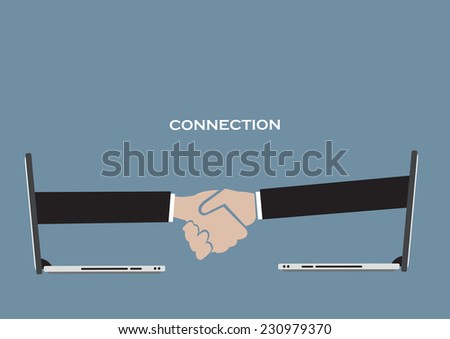 Vector illustration of arms coming out from wireless mobile laptops for business handshake. Concept for using technology for virtual business connection.