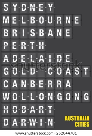 Names of Australian cities on old fashion split-flap display like travel destinations in airport flight information display system and railway stations timetable. Vector illustration.