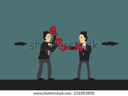 Two cartoon businessman wearing suit and boxing gloves engaged in a boxing match in outdoor setting. Vector illustration for metaphor, competitive business rivalry fighting for business.